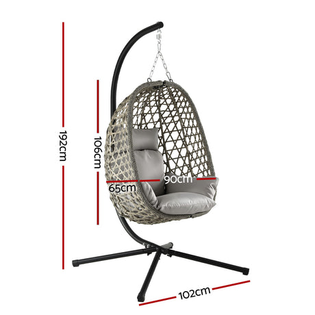 Gardeon Outdoor Swing Chair with Stand Cushion Rattan Furniture Grey, image 2