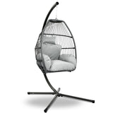 Gardeon Outdoor Egg Swing Chair Wicker Rope Furniture Pod Stand Cushion Grey - Low Angle
