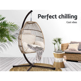 Gardeon Outdoor Egg Swing Chair Hanging Chair Wicker Rope Pod Stand Cushion Latte - Side View