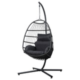 Gardeon Outdoor Egg Swing Chair Hanging Chair Wicker Rope Pod Stand Foldable Grey - Close-Up Angle