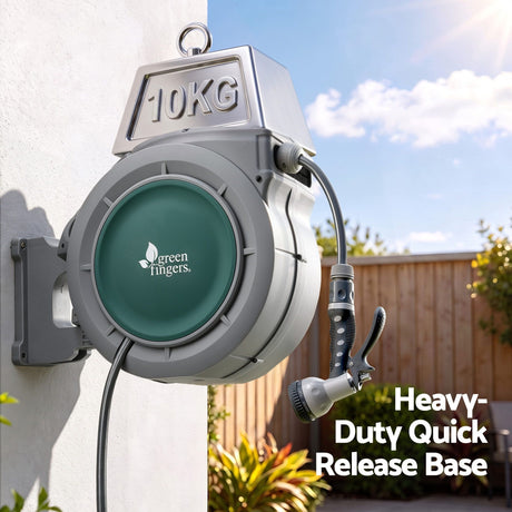 Green Fingers 10m Retractable Water Hose Reel, Wall Mounted Garden Hose 9-Pattern Nozzle, image 4