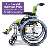 EQUIPMED Kids Premium Paediatric Wheelchair, Lightweight Aluminium, 22' Wheels, 75kg Rated, Green - Front View