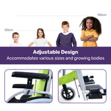 EQUIPMED Kids Premium Paediatric Wheelchair, Lightweight Aluminium, 22' Wheels, 75kg Rated, Green - Close-Up Angle