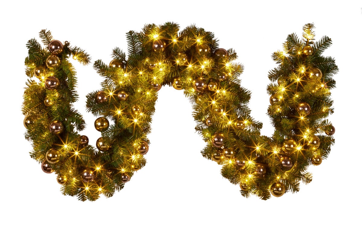 Christmas Garland with Lights 274cm with Gold & Rose Gold Baubles