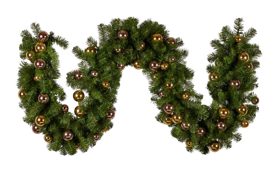 Christmas Garland with Lights 274cm with Gold & Rose Gold Baubles