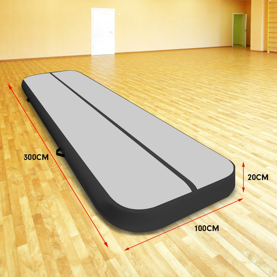 Powertrain 3m x 1m Air Track Inflatable Gymnastics Mat - Grey Black