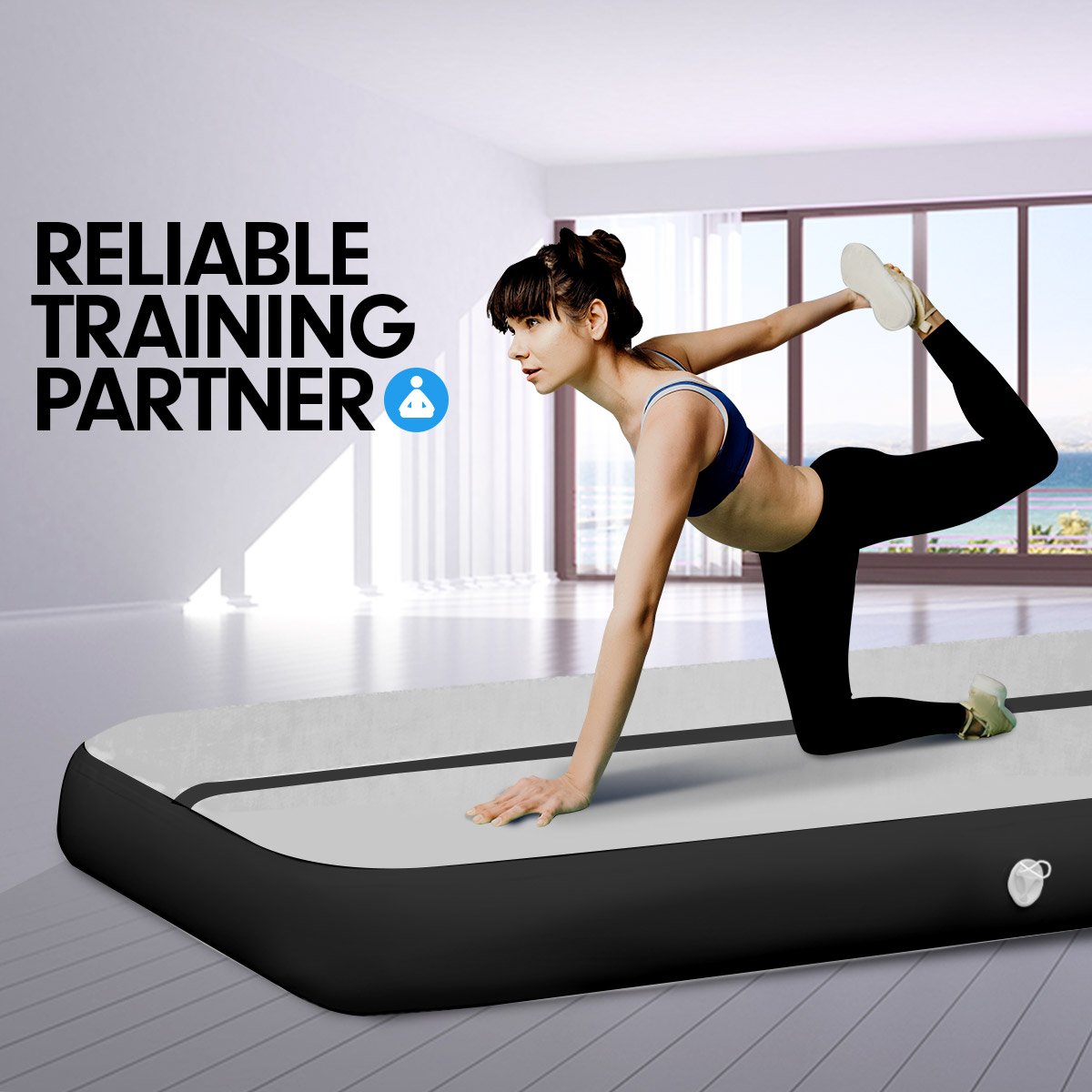 Powertrain 6m x 1m Air Track Inflatable Gymnastics Mat - Grey Black