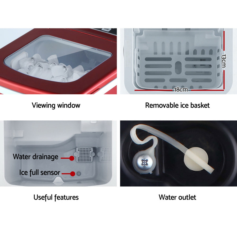 DEVANTi Quick-Freeze Portable Ice Maker - 2L Countertop Ice Cube Generator in Red