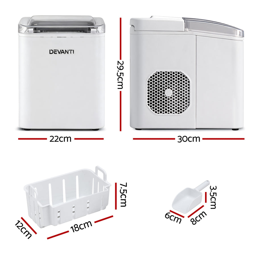 Devanti Ice Maker Machine Portable 12kg Countertop w/Self Cleaning 1.2L White