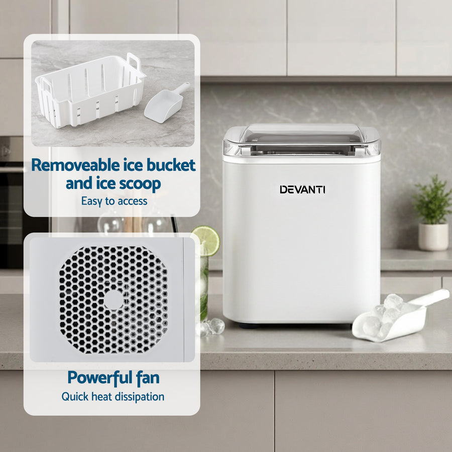 Devanti Ice Maker Machine Portable 12kg Countertop w/Self Cleaning 1.2L White