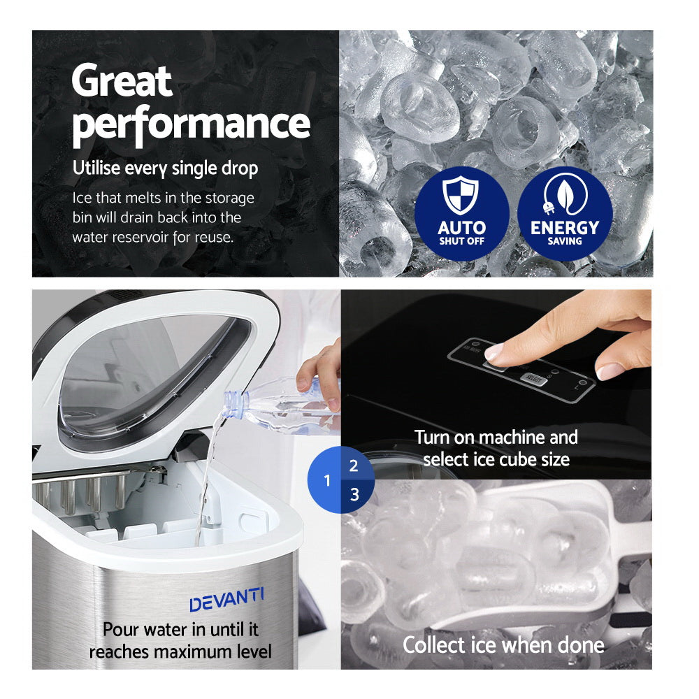 Devanti 2.4L Stainless Steel Countertop Ice Cube Machine