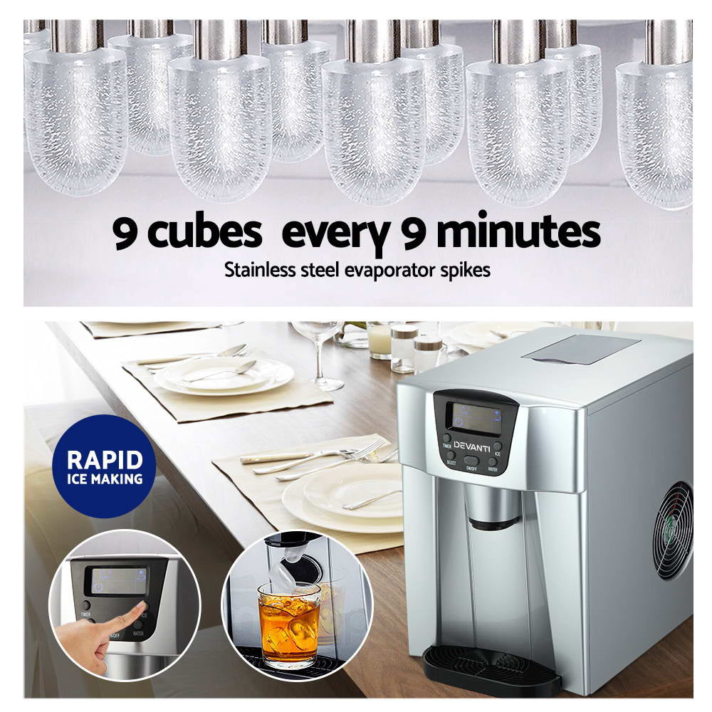 Devanti 2-in-1 Compact Ice Maker and Water Dispenser - Silver