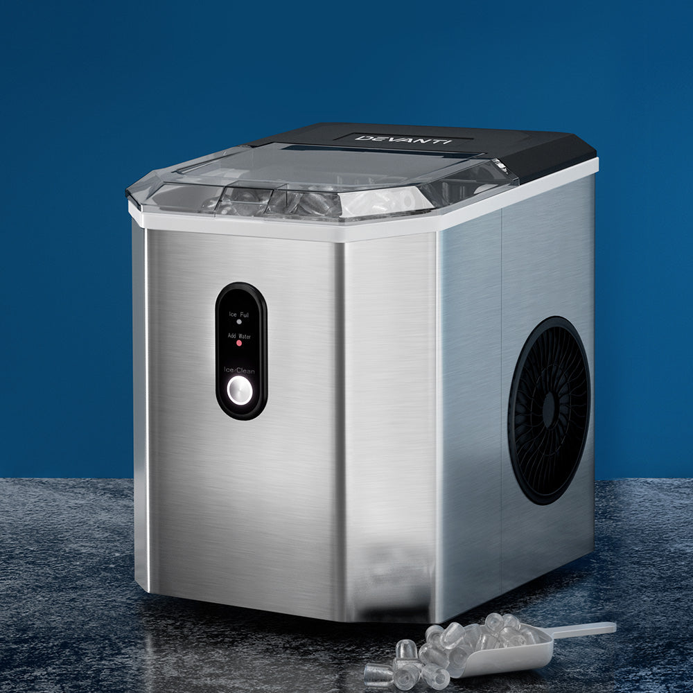 Devanti Stainless Steel Countertop Ice Maker Machine - Portable Ice Cube Maker Producing 12kg Daily