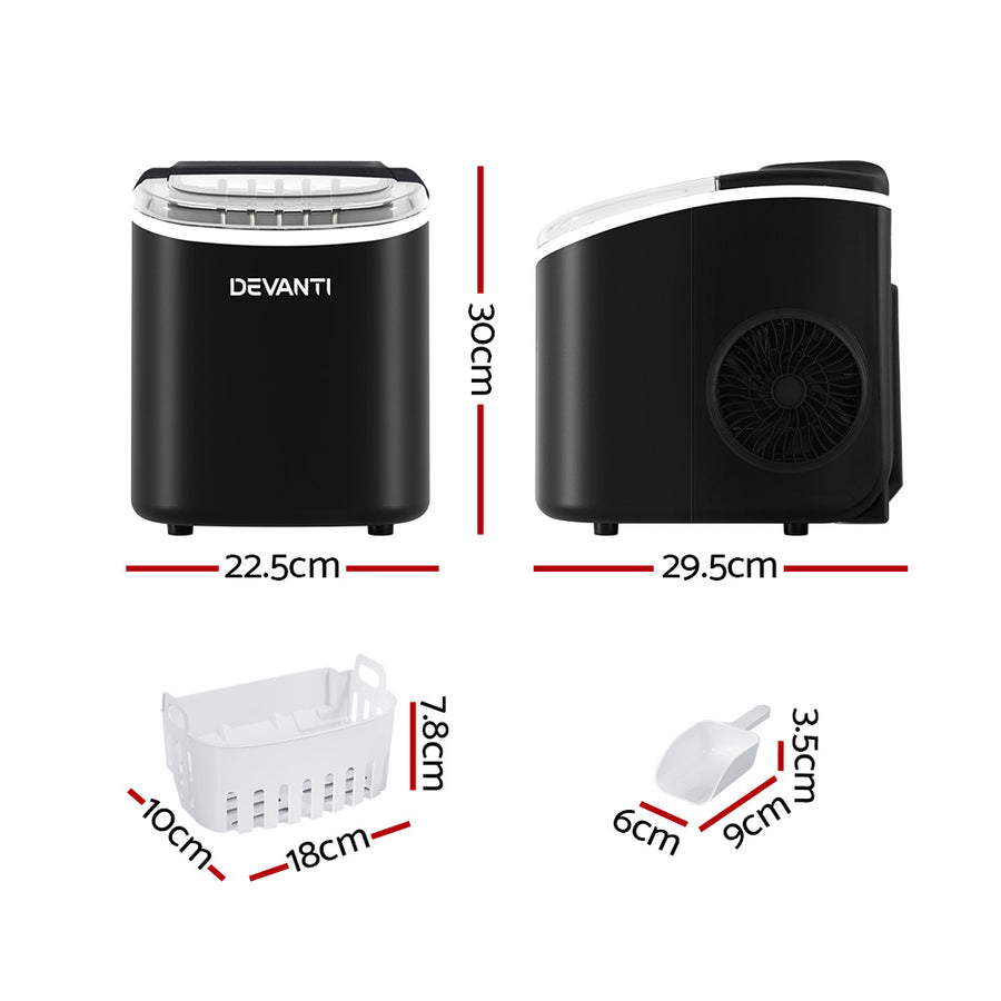 Devanti portable countertop ice maker, black, 12kg a day, transparent ice making window