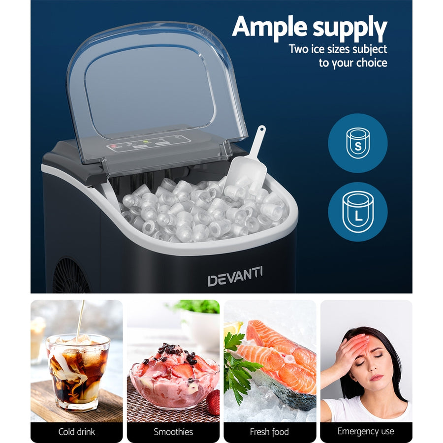 Devanti portable countertop ice maker, black, 12kg a day, ice scoop and removable basket