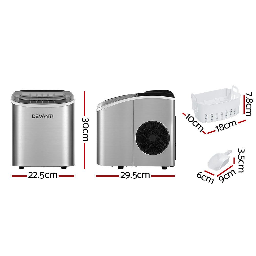 Devanti 12kg Compact Silver Ice Maker with Self-Cleaning Feature