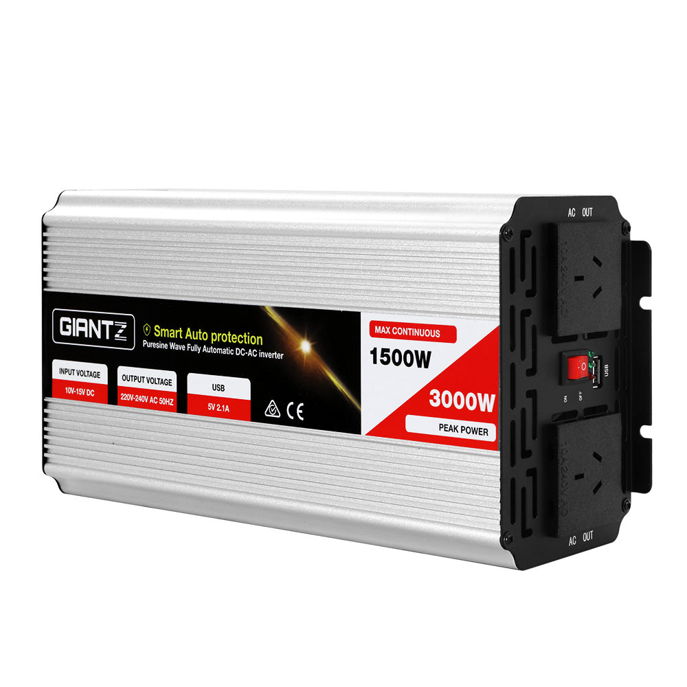 Giantz 1500W Pure Sine Wave Inverter for 12V Battery High Efficiency DC-AC Power Converter