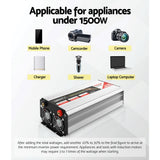 Giantz 1500W Pure Sine Wave Inverter for 12V Battery High Efficiency DC-AC Power Converter