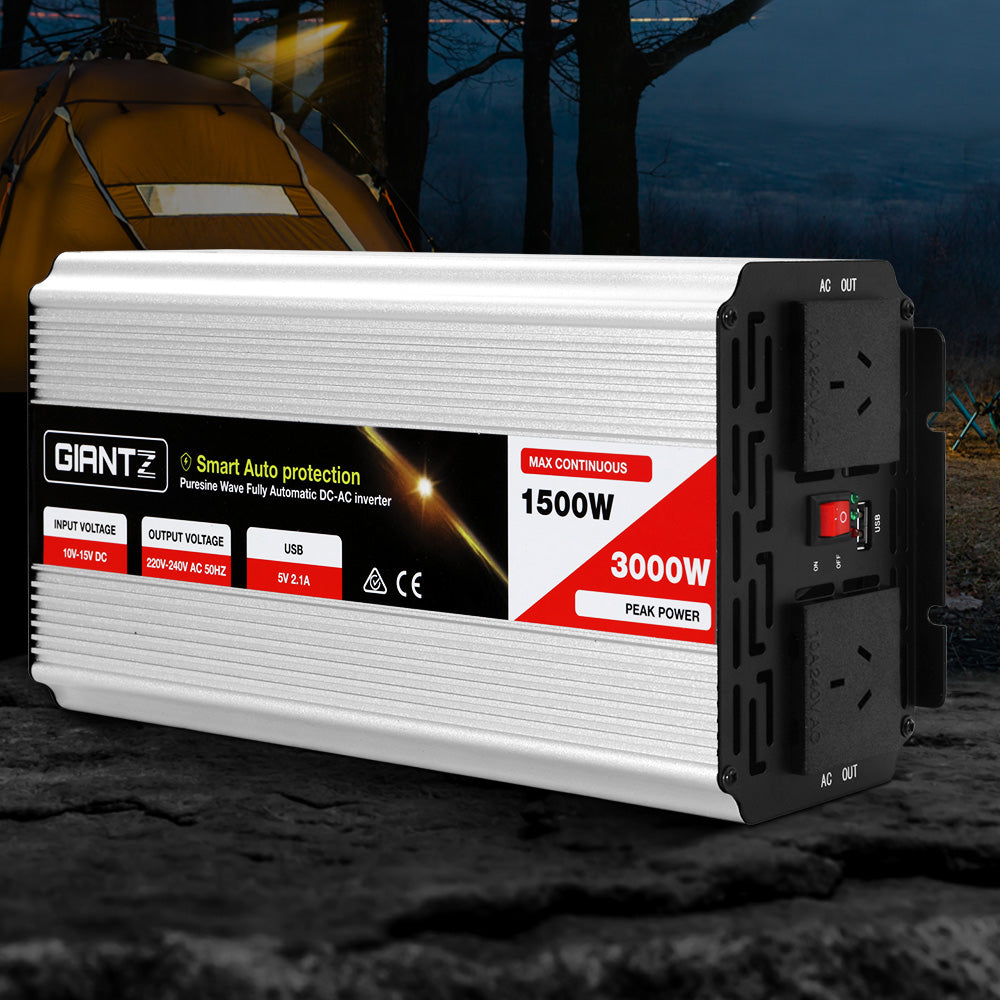 Giantz 1500W Pure Sine Wave Inverter for 12V Battery High Efficiency DC-AC Power Converter