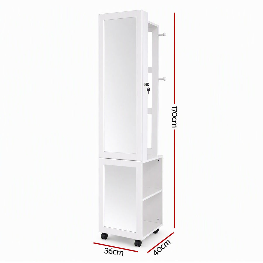 Artiss Lockable Jewellery Cabinet, Mobile Frameless Mirror, White