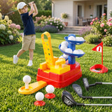Keezi Kids Golf Toy Set with 20 Balls & 3 Adjustable Clubs, Foot Pedal Ball Launcher Portable Training Toy, Indoor Outdoor Backyard Sports Game for Ages 3-8 - Low Angle