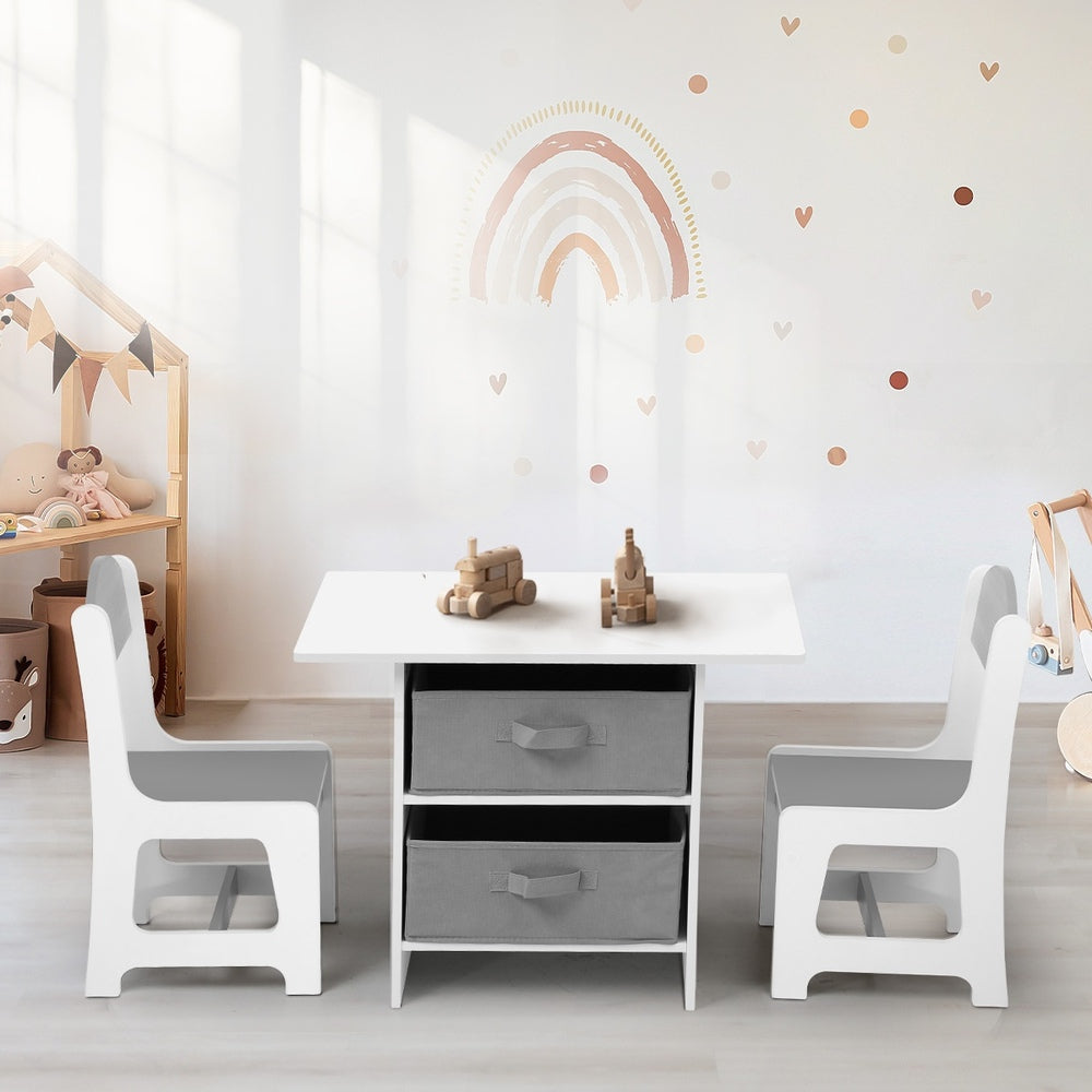 Oikiture Kids Table and Chair Set with Storage Bins White & Grey