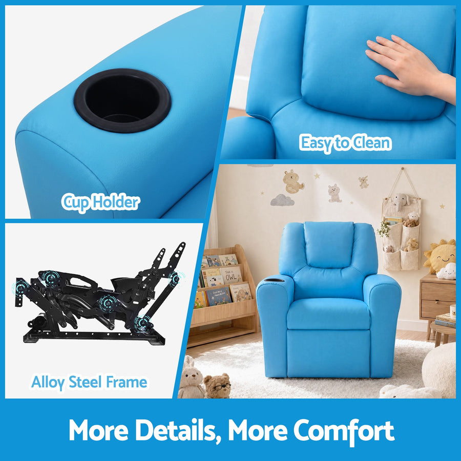 Keezi Kids Recliner Chair Blue PU Leather Sofa Lounge Couch Children Armchair