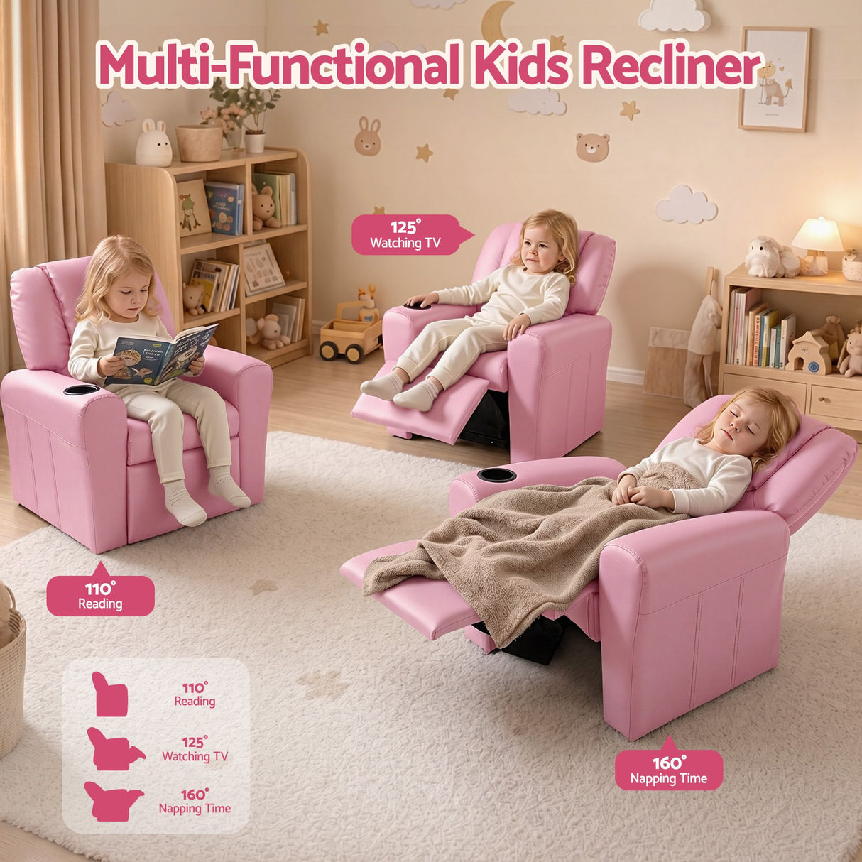 Keezi Kids Recliner Chair Pink PU Leather Sofa Lounge Couch Children Armchair