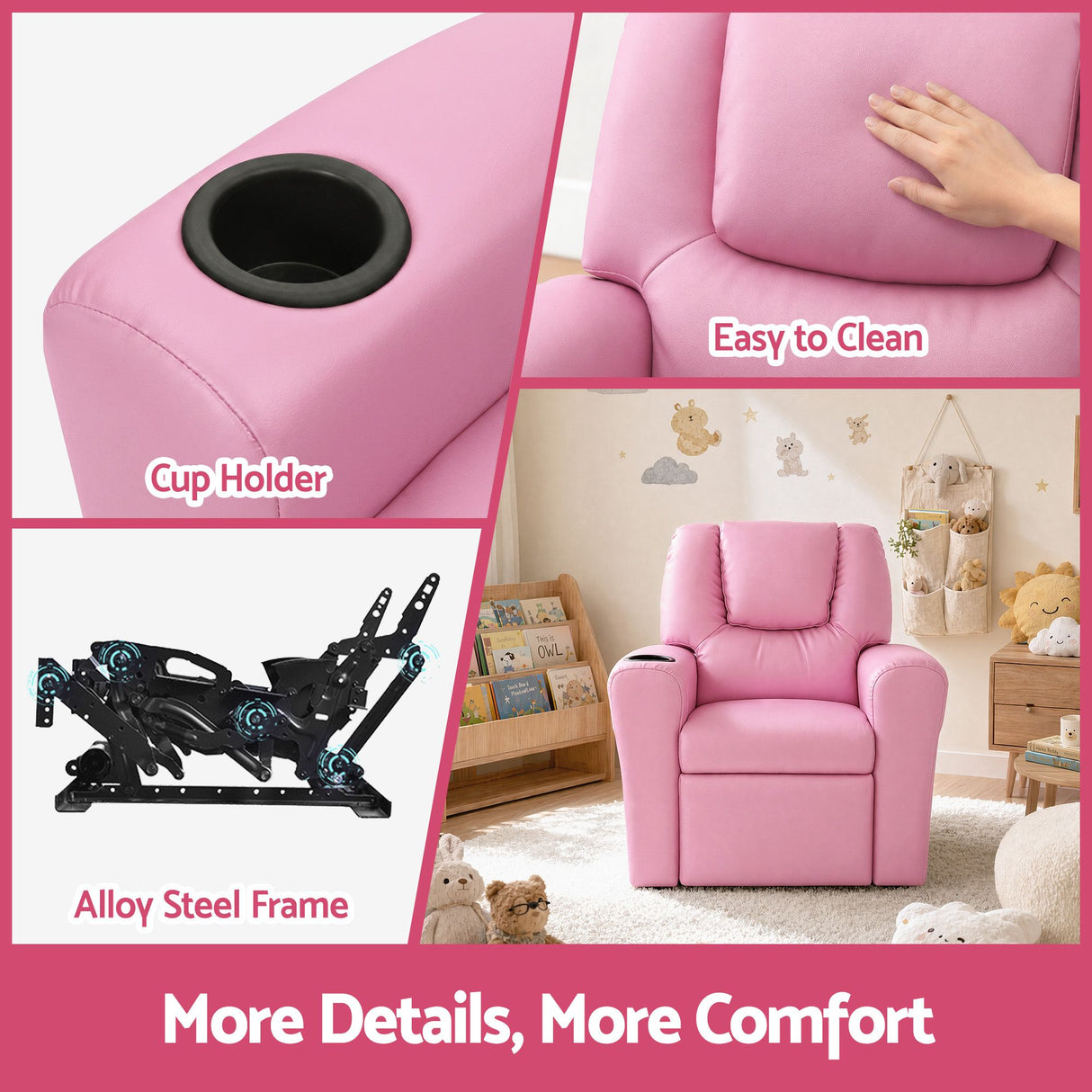 Keezi Kids Recliner Chair Pink PU Leather Sofa Lounge Couch Children Armchair