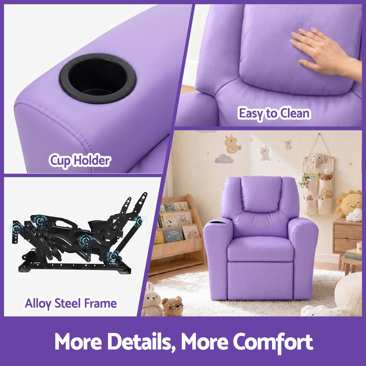 Keezi Kids Recliner Chair Purple PU Leather Sofa Lounge Couch Children Armchair