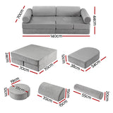 Keezi 12PCS Modular Kids Play Couch Foam Sofa Set with Removable Washable Cover Grey Playroom - Side View