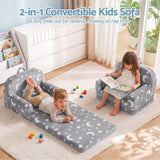 Keezi Kids 2-in-1 Fold Out Sofa Bed with Removable Washable Cover, Carry Handle, Storage Pocket, Glow in the Dark, Grey - 45-Degree Angle
