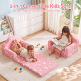 Keezi Kids 2-in-1 Fold Out Sofa Bed with Removable Washable Cover, Carry Handle, Storage Pocket, Glow in the Dark, Pink - 45-Degree Angle