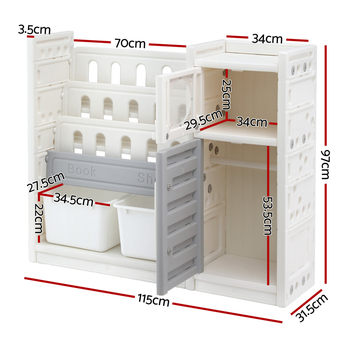 Keezi Kids Bookshelf and Toy Storage Organizer with 3-Tier Bookshelvs, 2 Removable Bins and 2 Storage Cabinets, Toddler Bookshelf with Toy Organizer for Kids' Rooms, Playrooms
