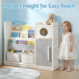 Keezi Kids Bookshelf and Toy Storage Organizer with 3-Tier Bookshelvs, 2 Removable Bins and 2 Storage Cabinets, Toddler Bookshelf with Toy Organizer for Kids' Rooms, Playrooms - 45-Degree Angle