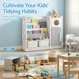 Keezi Kids Bookshelf and Toy Storage Organizer with 3-Tier Bookshelvs, 2 Removable Bins and 2 Storage Cabinets, Toddler Bookshelf with Toy Organizer for Kids' Rooms, Playrooms - Rear View