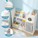 Keezi Kids Bookshelf and Toy Storage Organizer with 3-Tier Bookshelvs, 2 Removable Bins and 2 Storage Cabinets, Toddler Bookshelf with Toy Organizer for Kids' Rooms, Playrooms - Close-Up Angle