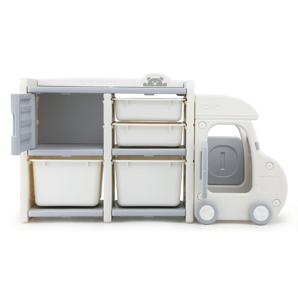 Keezi Toy Storage Organizer with 4 Storage Bins and Cabinet, Bookcase Kids Toys Box, Toy Storage for Kids Room, Playroom, Bedroom, Nursery, Car Shaped