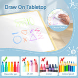 Keezi Kids Table and 2 Chairs Set Height Adjustable Toddler Desk and Chair Set for Ages 3-8, Activity Table with Graffiti Desktop for Learning Drawing Playing, Yellow - 45-Degree Angle