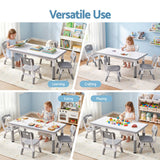 Keezi Kids Table and 4 Chairs Set Height Adjustable Toddler Desk and Chair Set for Ages 3-8, Children Activity Table with Graffiti Desktop for Learning Drawing Playing, Grey - Close-Up Angle