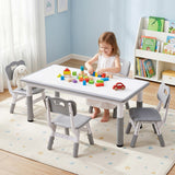 Keezi Kids Table and 4 Chairs Set Height Adjustable Toddler Desk and Chair Set for Ages 3-8, Children Activity Table with Graffiti Desktop for Learning Drawing Playing, Grey - Low Angle