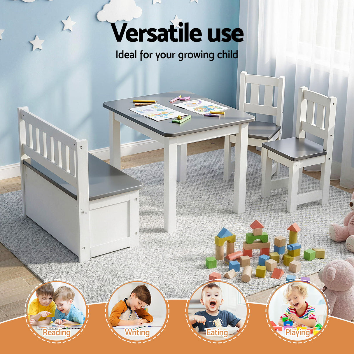 Keezi 2 in 1 Kids Table and Chair Set, Activity Table with Storage Bench and 2 Chairs for Reading, Drawing, Writing, Snack Time & Arts Crafts, 4 PCS