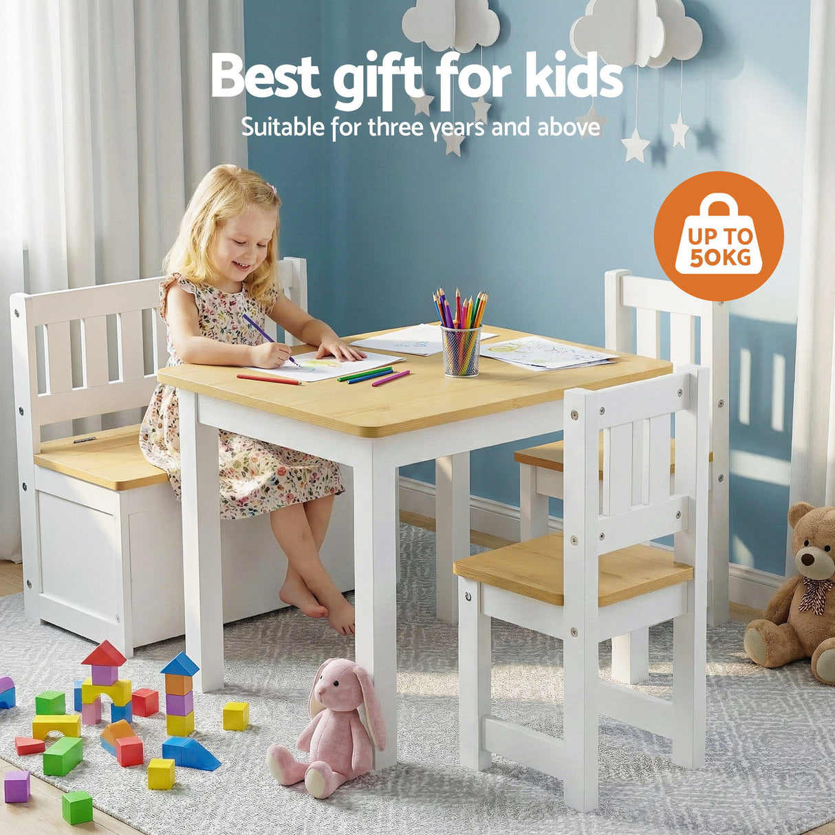 Keezi 2 in 1 Kids Table and Chair Set, Activity Table with Storage Bench and 2 Chairs for Reading, Drawing, Writing, Snack Time & Arts Crafts, 4 PCS