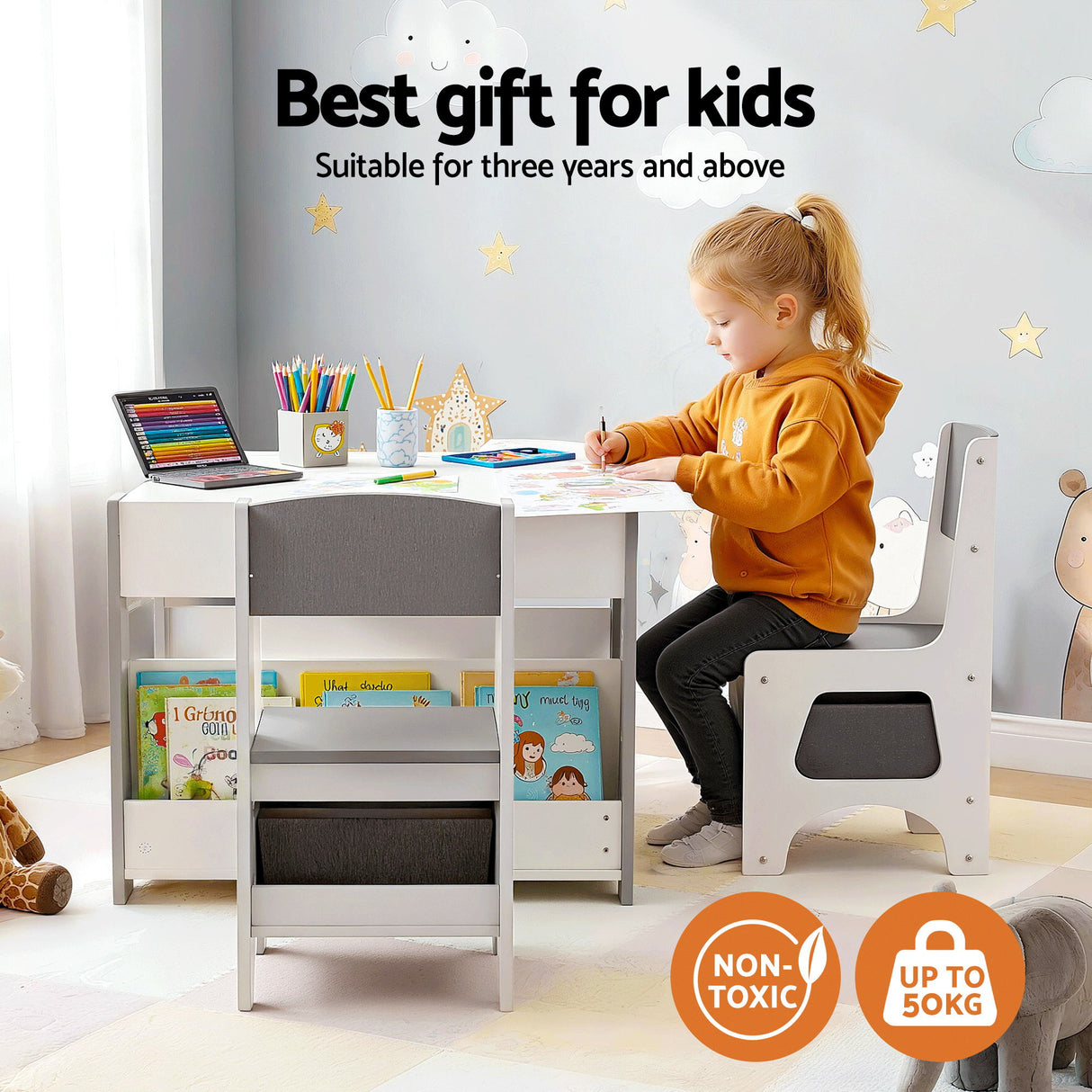 Keezi Kids Table and Chair Set, 4 in 1 Wooden Activity Table with Bookcase, Storage Box and Detachable Blackboard, Toddler Table and 2 Chairs Set,