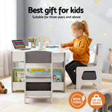 Keezi Kids Table and Chair Set, 4 in 1 Wooden Activity Table with Bookcase, Storage Box and Detachable Blackboard, Toddler Table and 2 Chairs Set, Grey - Top-Down View