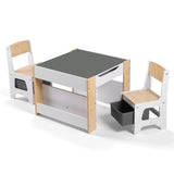 Keezi Kids Table and Chair Set, 4 in 1 Wooden Activity Table with Bookcase, Storage Box and Detachable Blackboard, Toddler Table and 2 Chairs Set, Natural - Side View