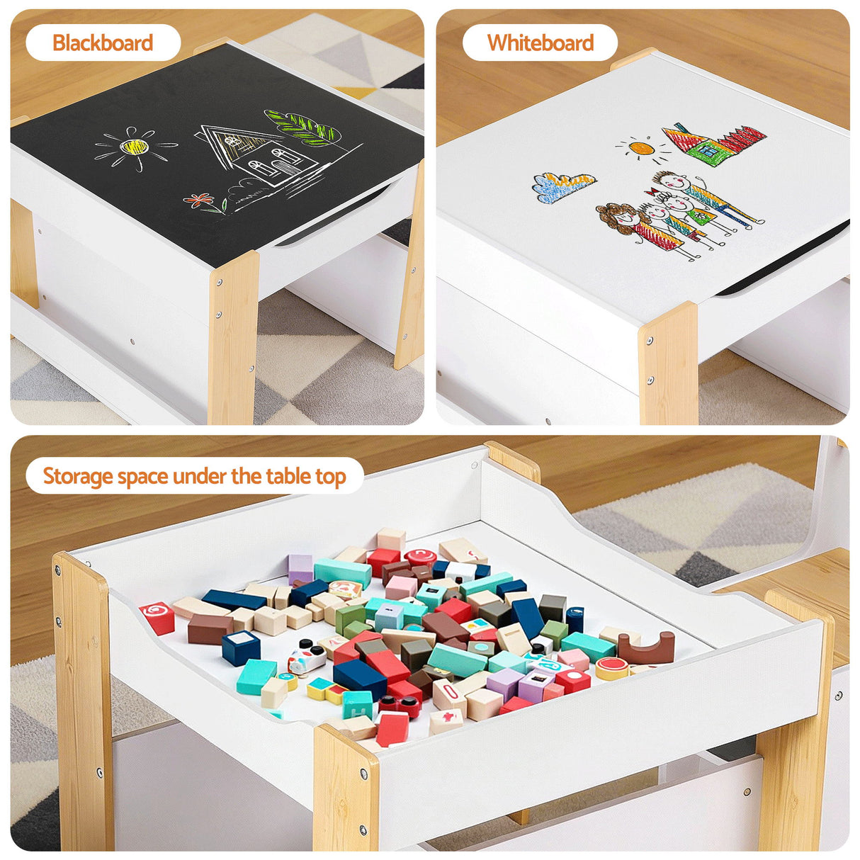 Keezi Kids Table and Chair Set, 4 in 1 Wooden Activity Table with Bookcase, Storage Box and Detachable Blackboard, Toddler Table and 2 Chairs Set,