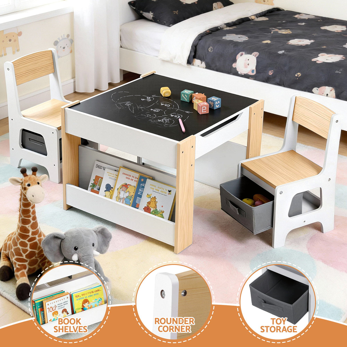 Keezi Kids Table and Chair Set, 4 in 1 Wooden Activity Table with Bookcase, Storage Box and Detachable Blackboard, Toddler Table and 2 Chairs Set,