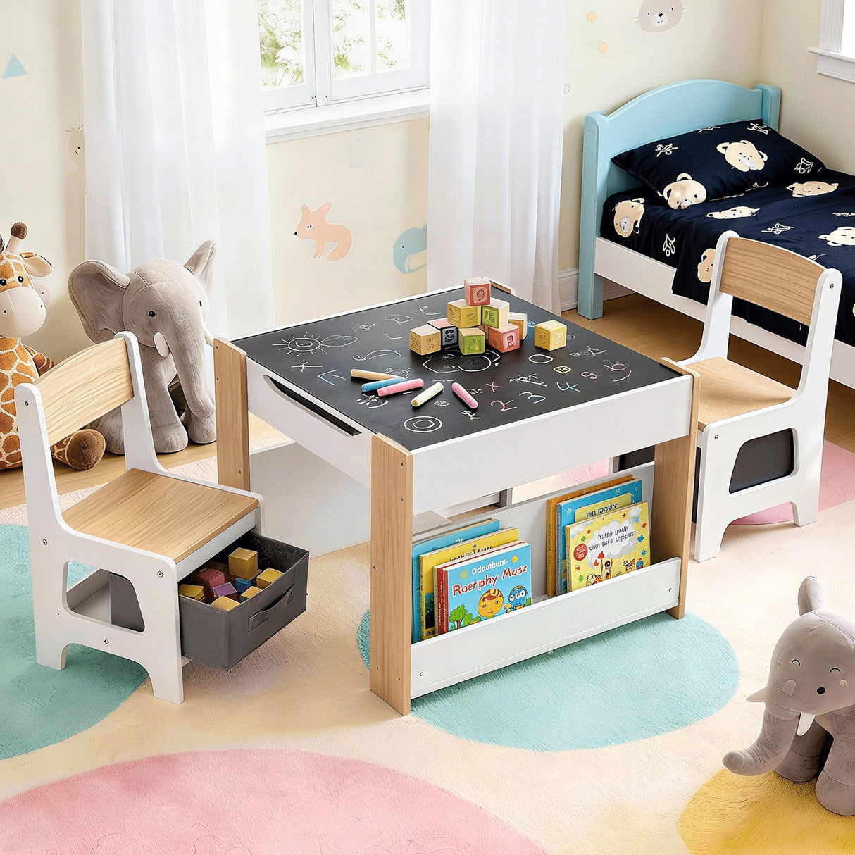 Keezi Kids Table and Chair Set, 4 in 1 Wooden Activity Table with Bookcase, Storage Box and Detachable Blackboard, Toddler Table and 2 Chairs Set,
