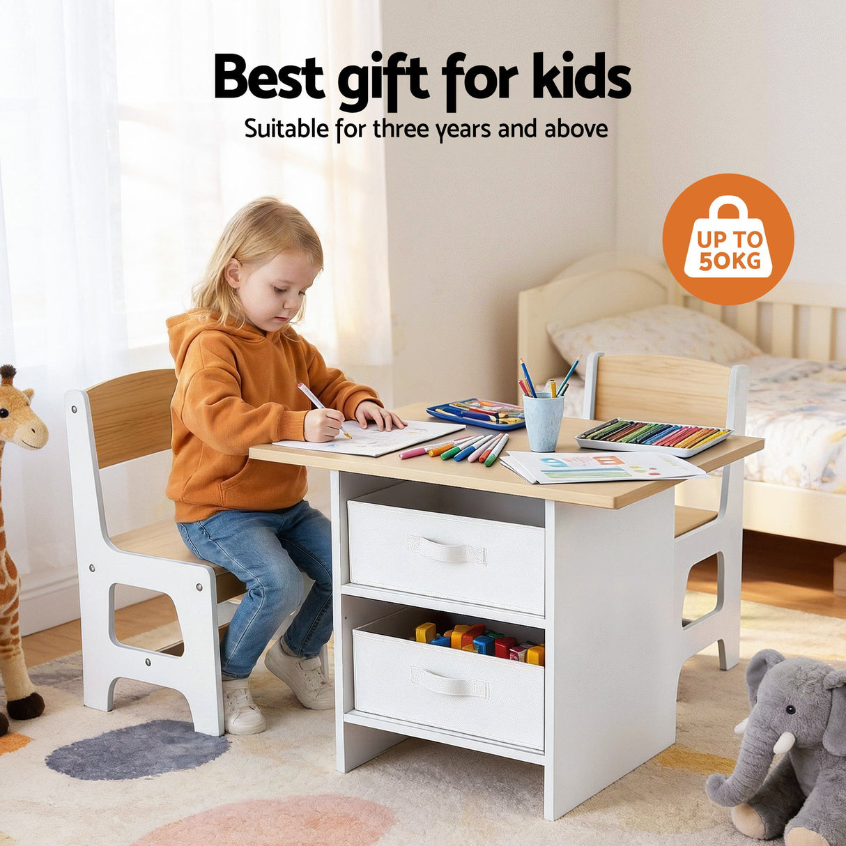 Keezi Kids Table and 2 Chairs Set Wooden Activity Table wit 2 Storage Drawers, Toddler Table and Chair Set for Children Drawing, Reading, Crafts,